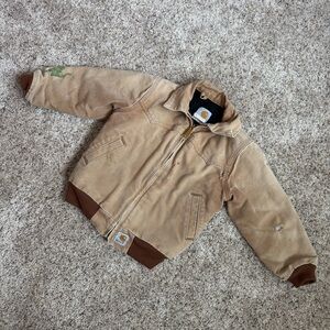 VTG Carhartt Y03BRN Bomber Quilted Jacket USA Youth Small Tan Weathered Broke In